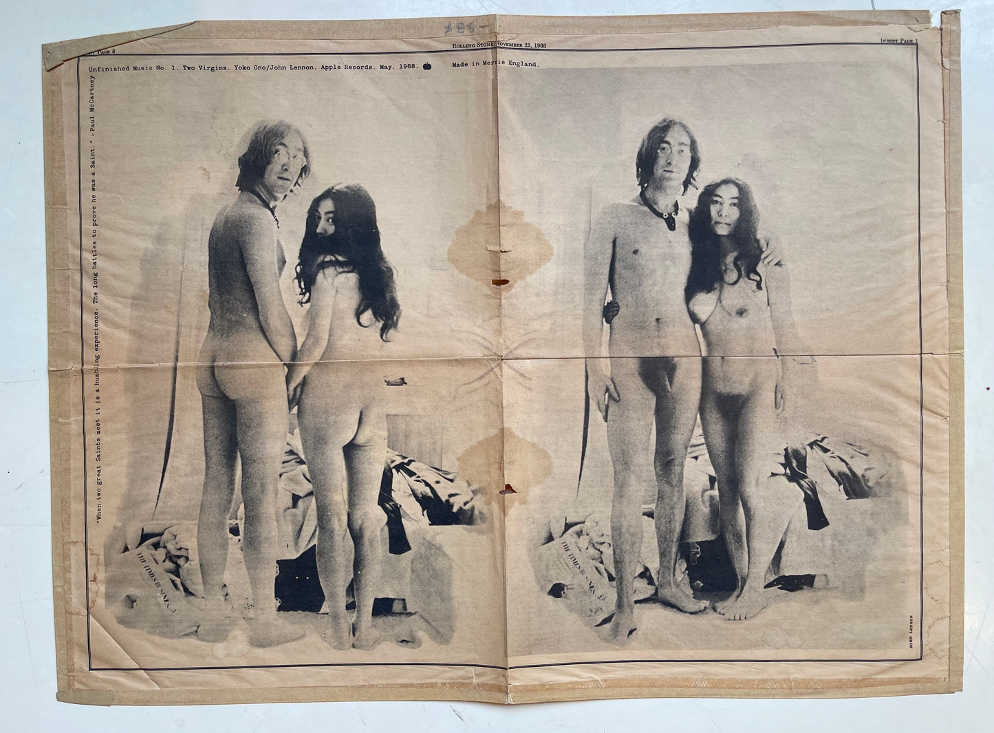Yoko Ono and John Lennon Rolling Stone Nov 23, 1968 Two Virgins Double Centerfold