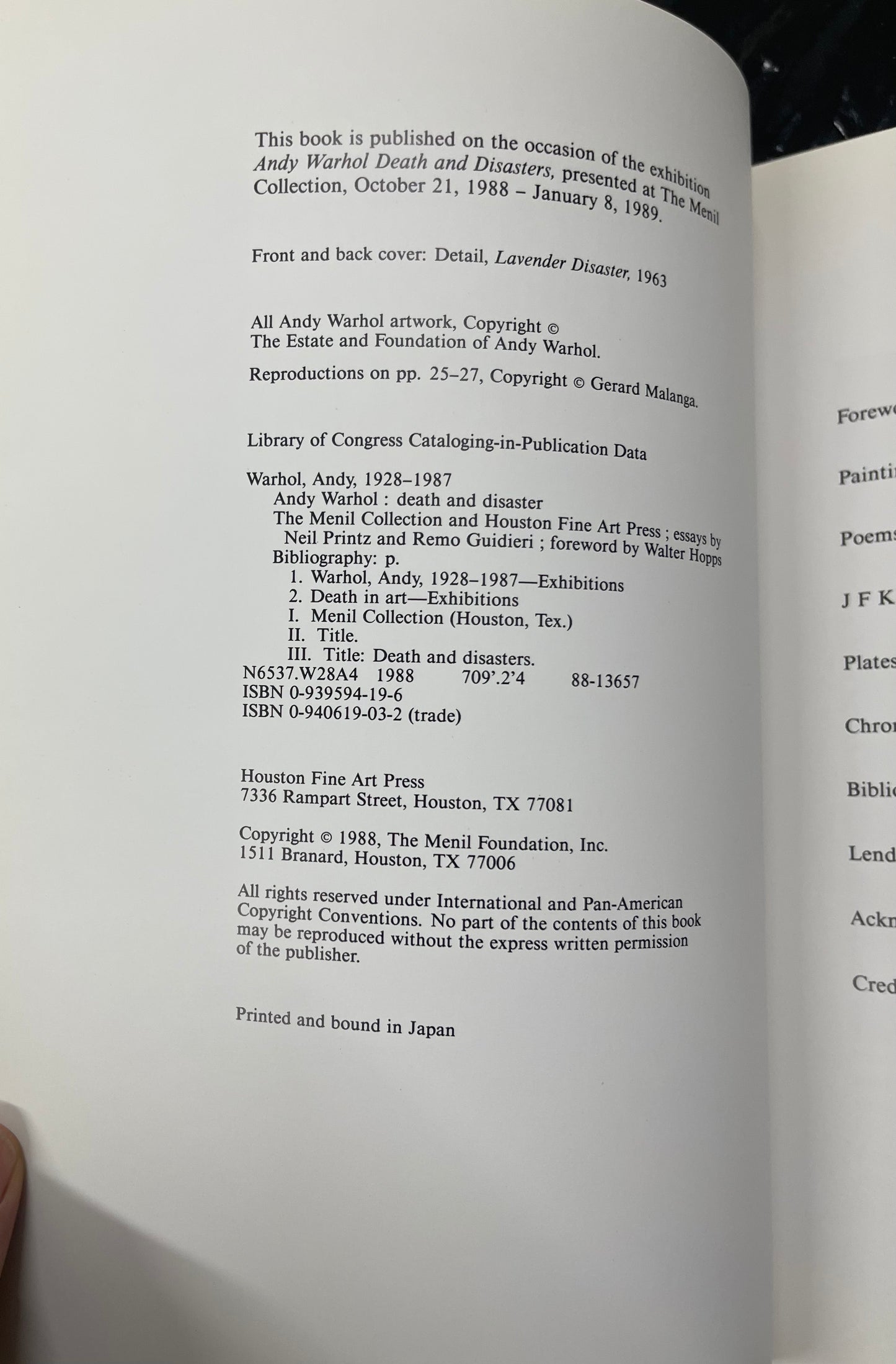 WARHOL, Andy
Andy Warhol: Death and Disasters. 1st Ed.
Houston: Menil Collection, 1988.