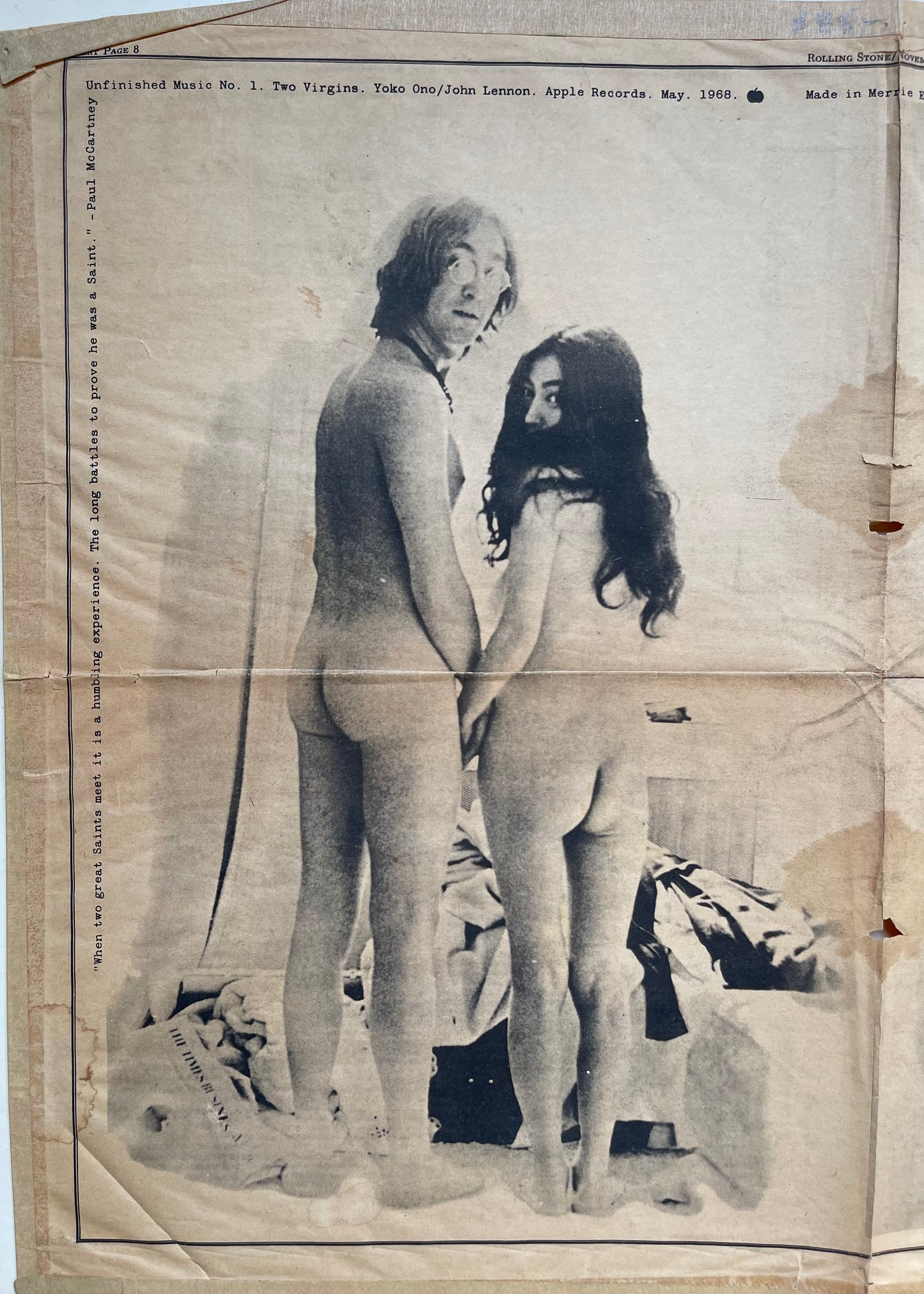 Yoko Ono and John Lennon Rolling Stone Nov 23, 1968 Two Virgins Double Centerfold