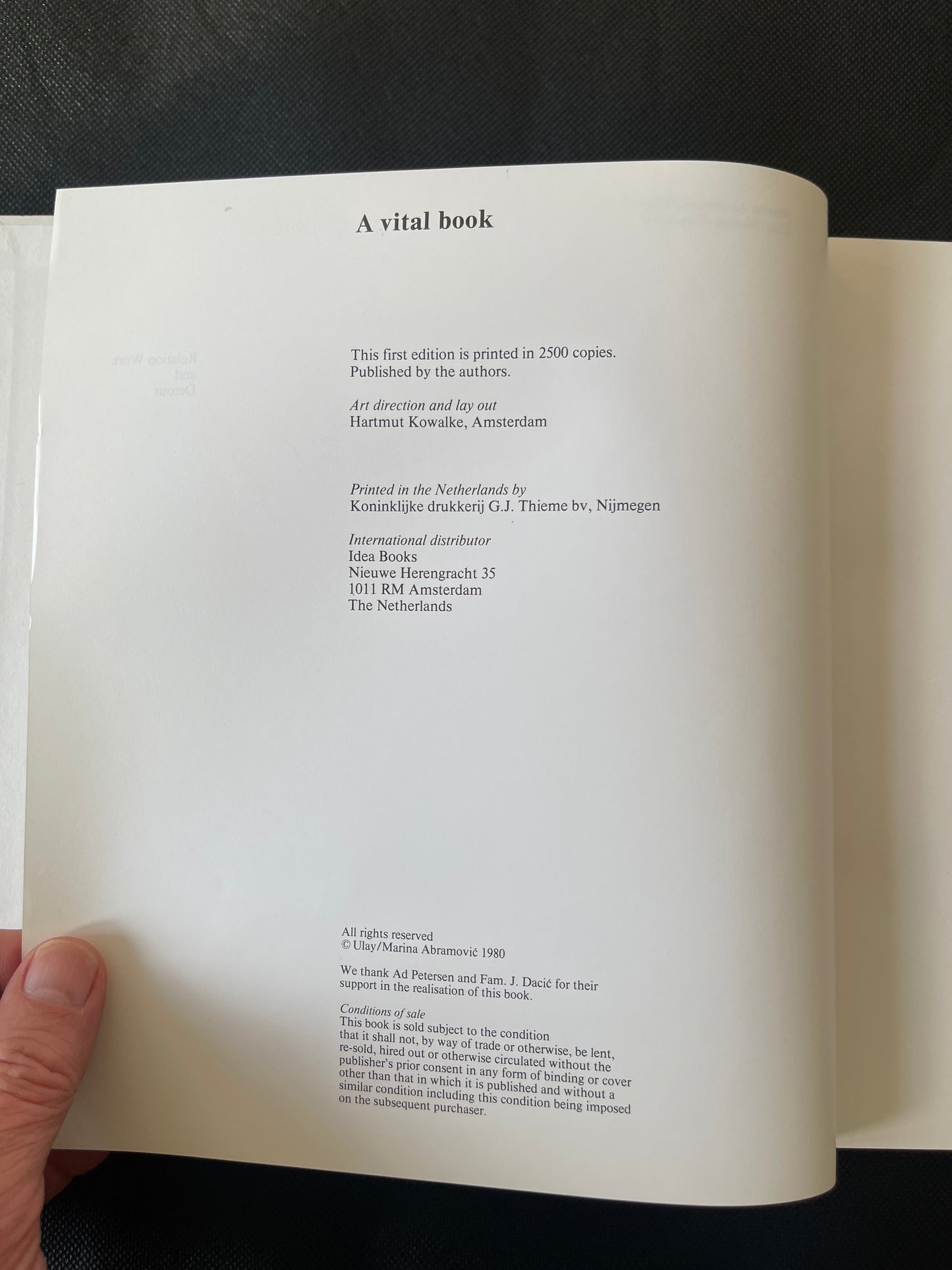 Marina Abramović / Ulay – Relation Work and Detour: A Vital Book
Amsterdam, 1980. First edition, published by the artists in an edition of 2,500 copies